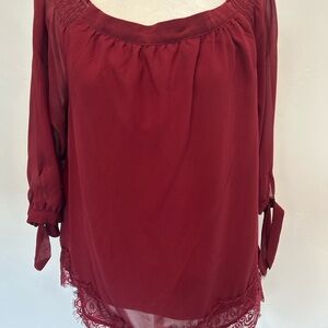 Maurices Burgundy Off Shoulder Blouse with Lace Trim - Size‎ M